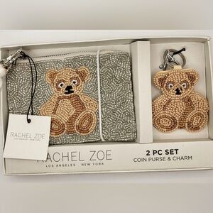 Rachel Zoe Beaded Teddy Coin Purse & Charm Set - Silver & Beige